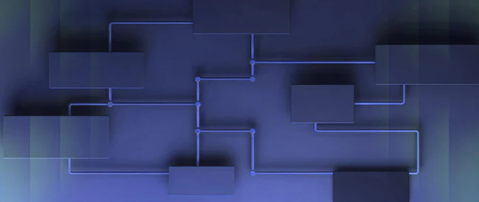 Ilustração abstrata em tons de azul com blocos retangulares conectados por linhas, lembrando um fluxograma tecnológico: arquitetura de plataforma de e-commerce.