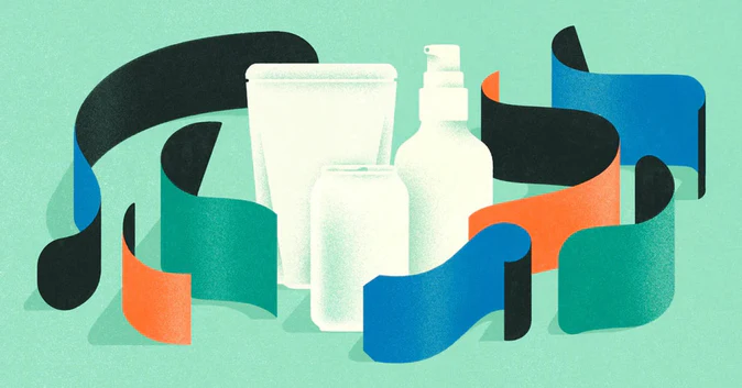 Ilustração de rótulos coloridos dançando em torno de várias garrafas de produtos white label, sobre fundo verde.